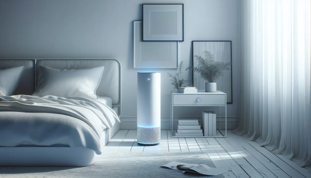 Air purifier in a modern living room tested for allergies and asthma