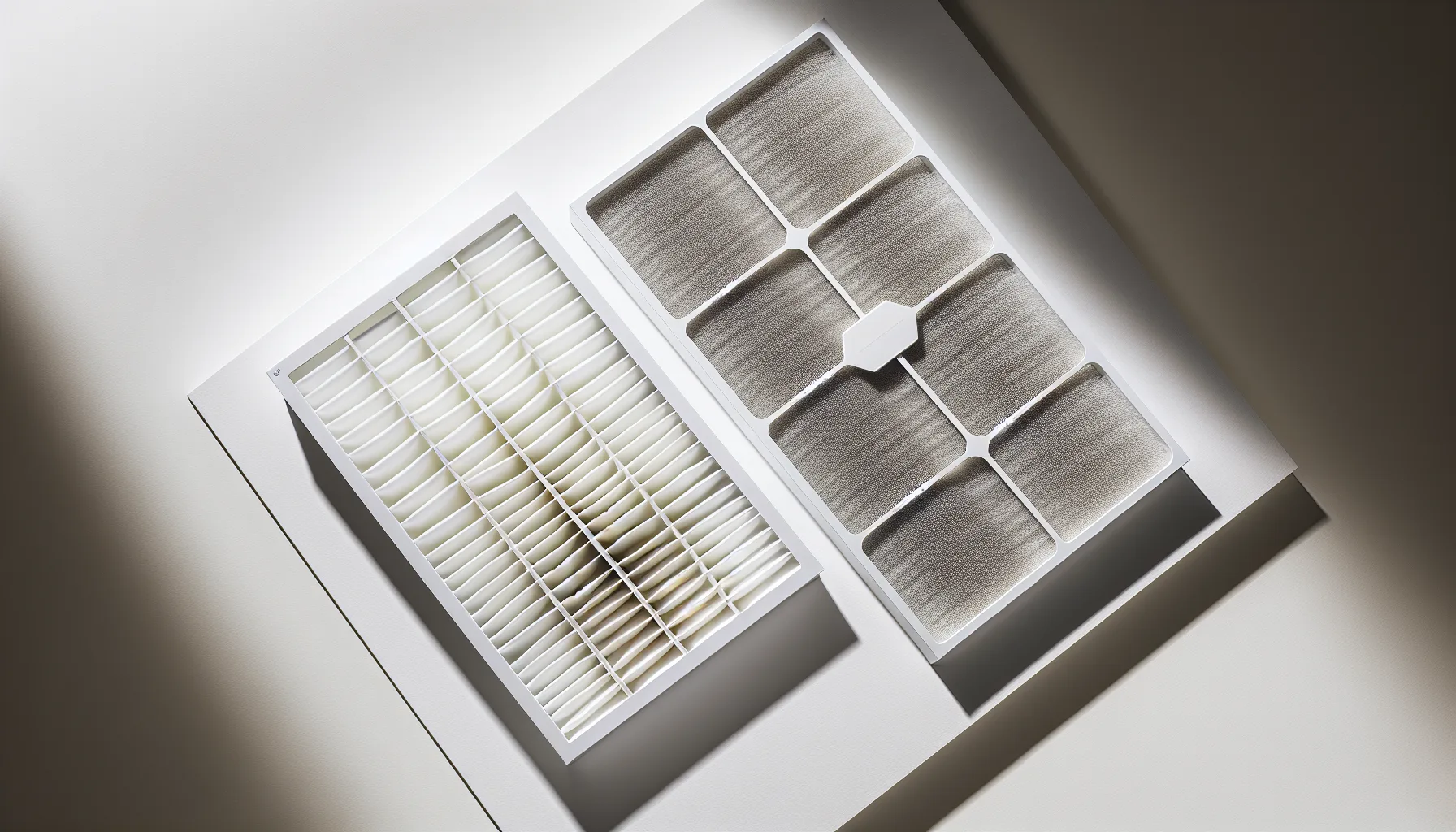 New white HEPA filter next to a dirty used filter showing dust buildup