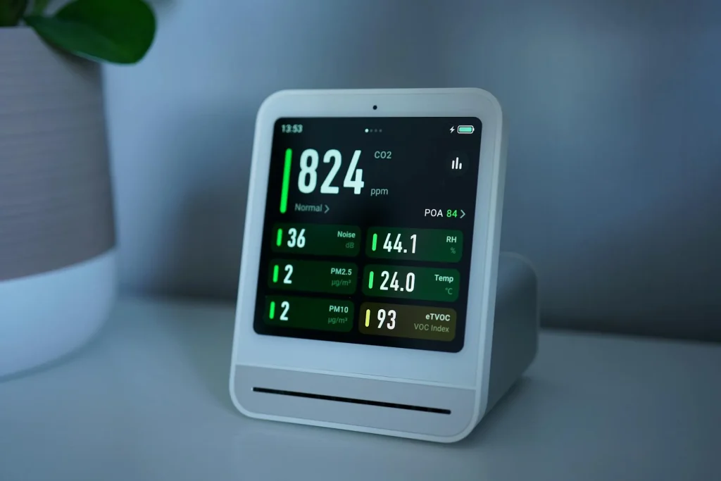 Digital air quality monitor sensor displaying readings in a home