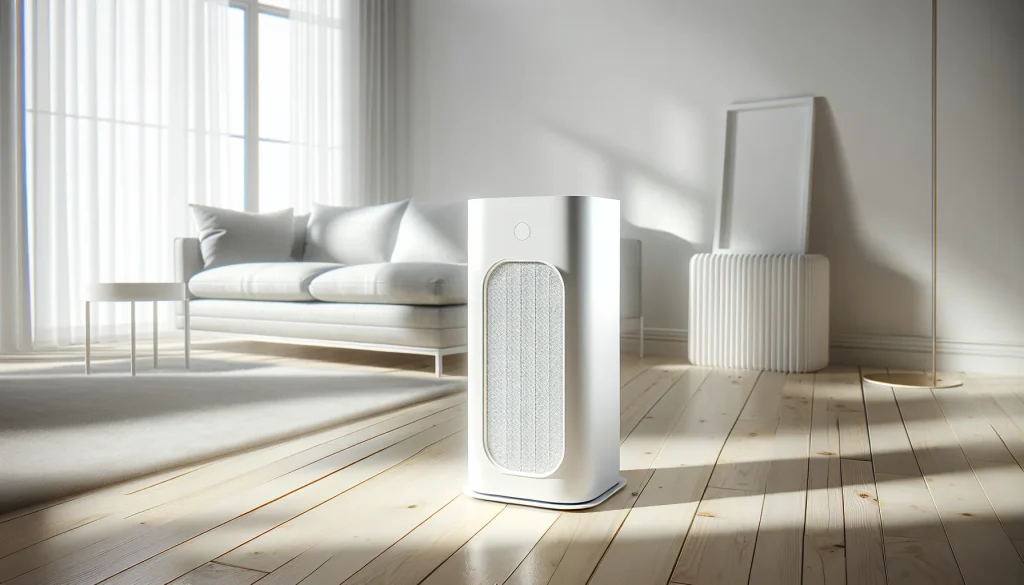 White air purifier unit in a modern living room setting