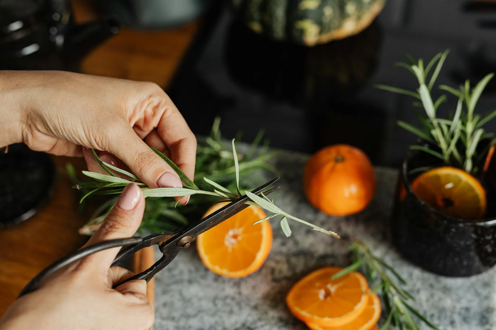 Person cutting rosemary with scissors in a kitchen