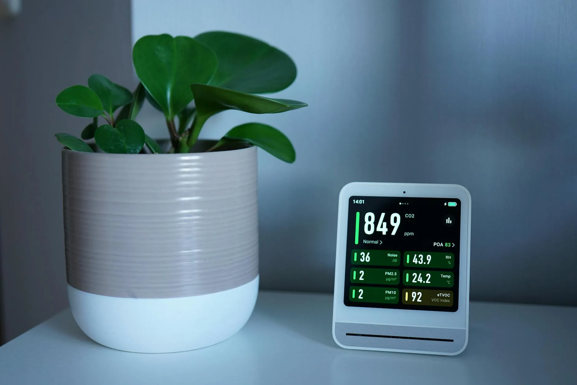 Digital air quality monitor showing humidity and temperature