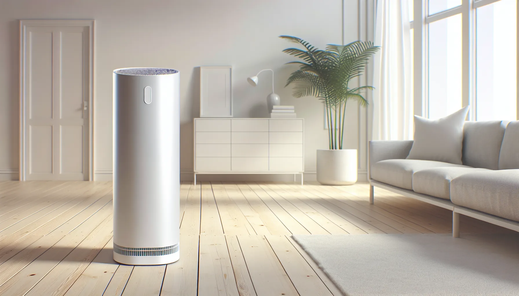 Modern white air purifier in a bright UK living room