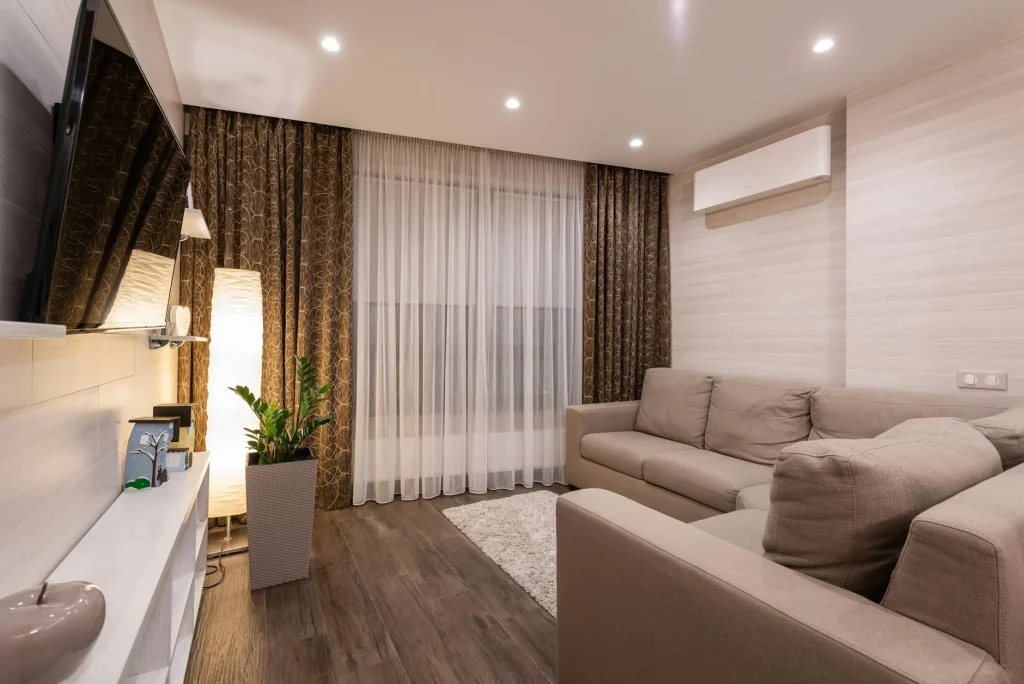 Air purifier with filter in a bright living room