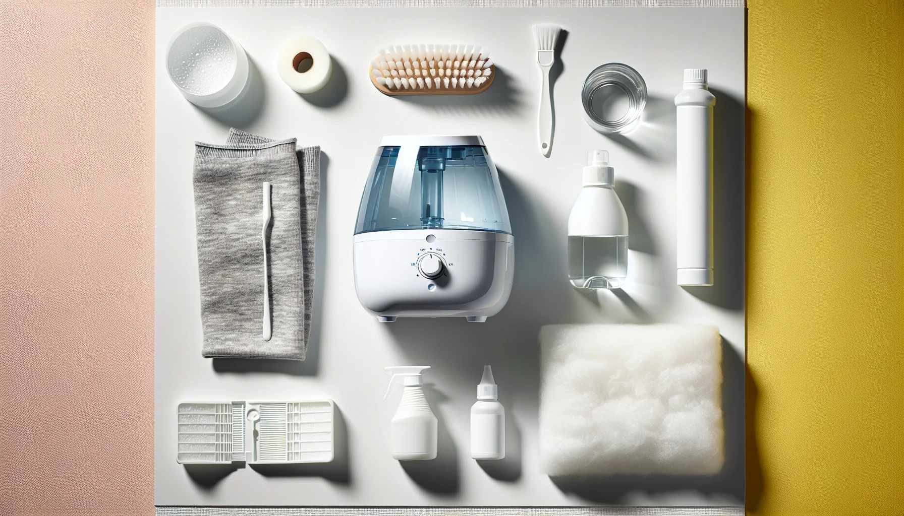 Humidifier maintenance and cleaning supplies laid out for regular care