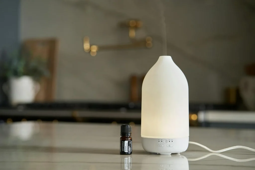Ultrasonic humidifier producing cool mist in a living room