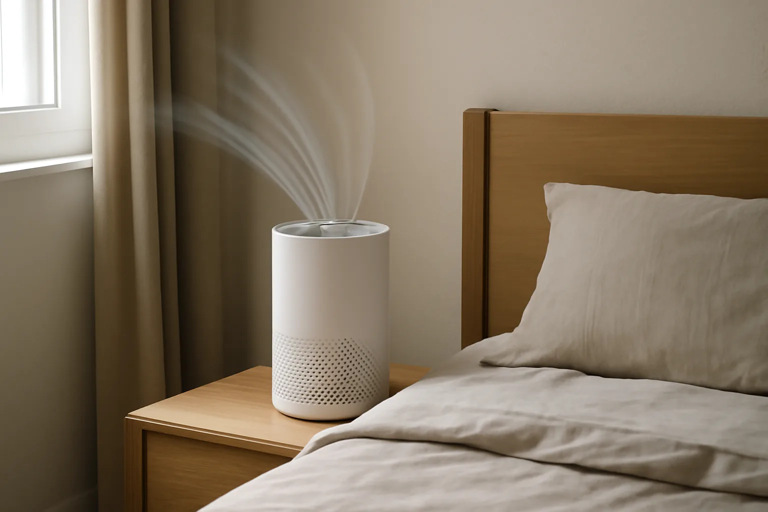 Air purifier on a bedside table beside a bed