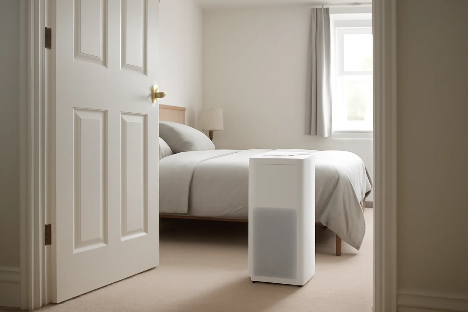 Air purifier positioned near a bedroom doorway for airflow