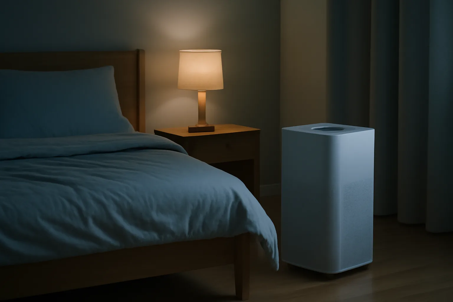 White air purifier beside a bed for quiet overnight use
