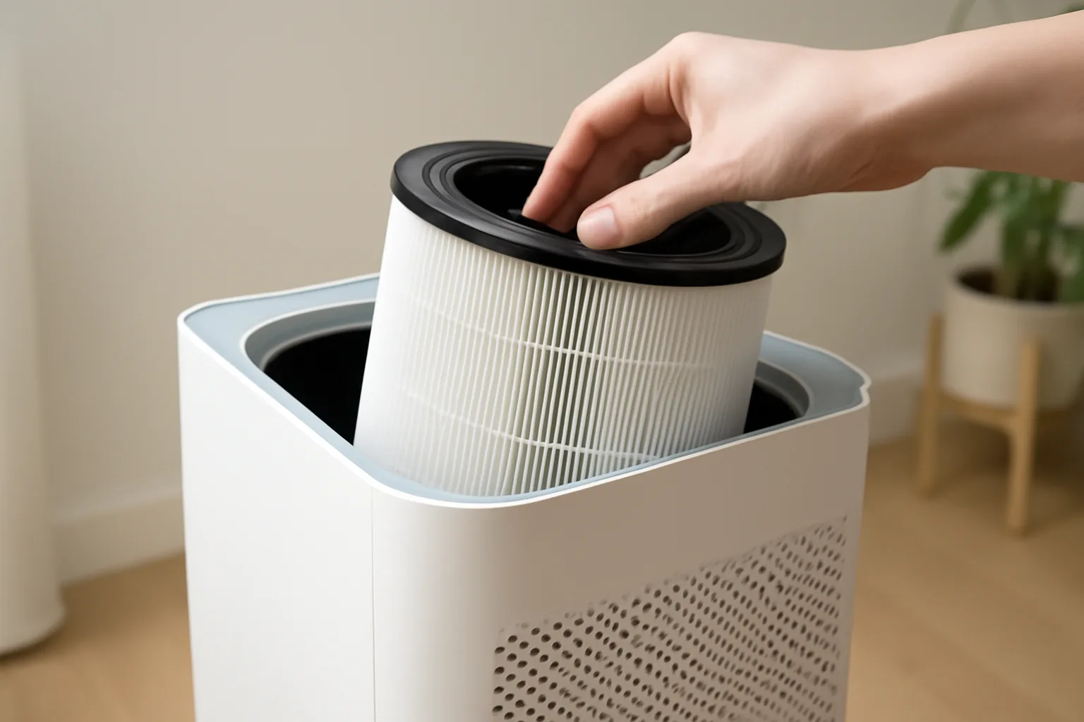HEPA filter removed from a white air purifier for CADR comparison