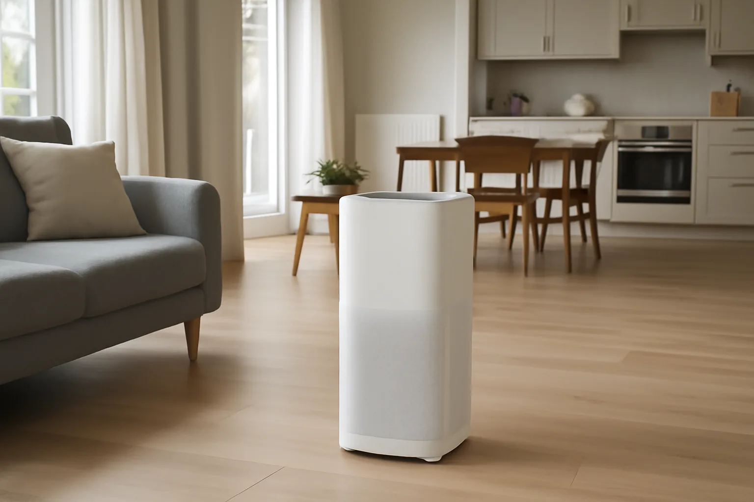 Air purifier placed in open floor space in a living area