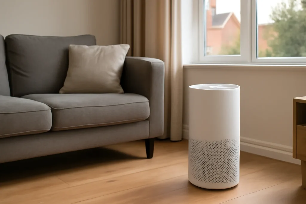 Air purifier positioned beside a sofa with clear airflow