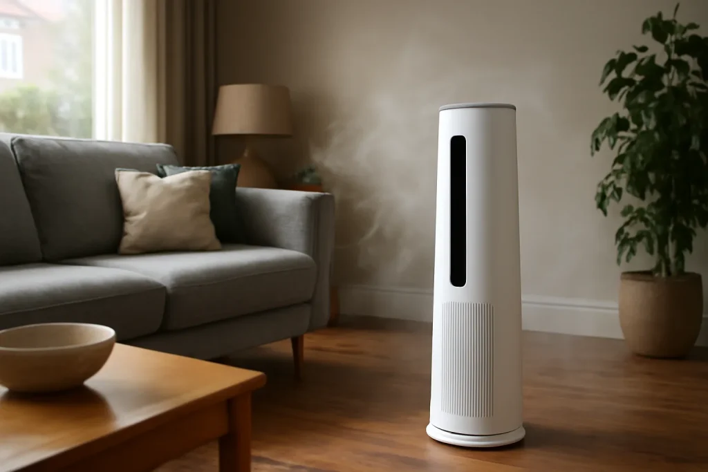 Air purifier in a living room reducing smoke haze