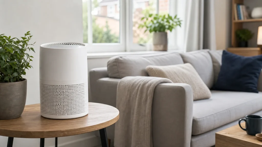 Compact white air purifier in a UK living room