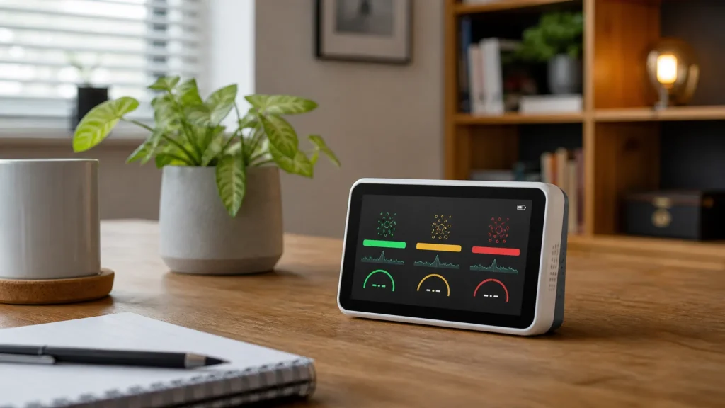 Air quality monitor display on a home desk