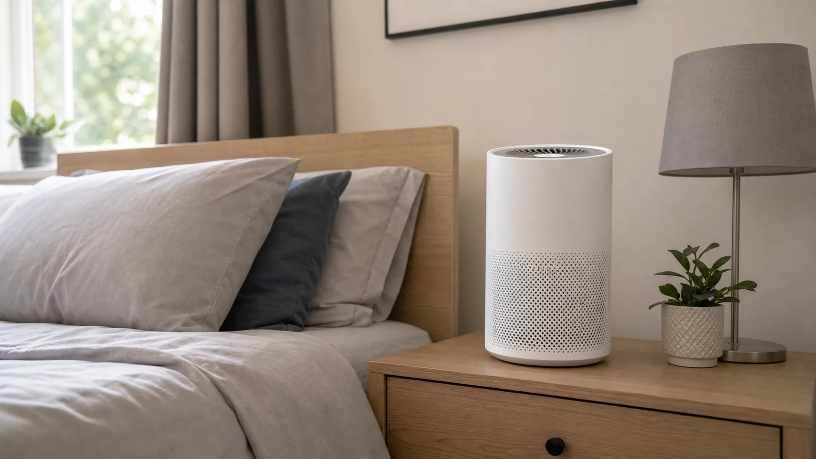 Small white air purifier on a bedroom bedside table