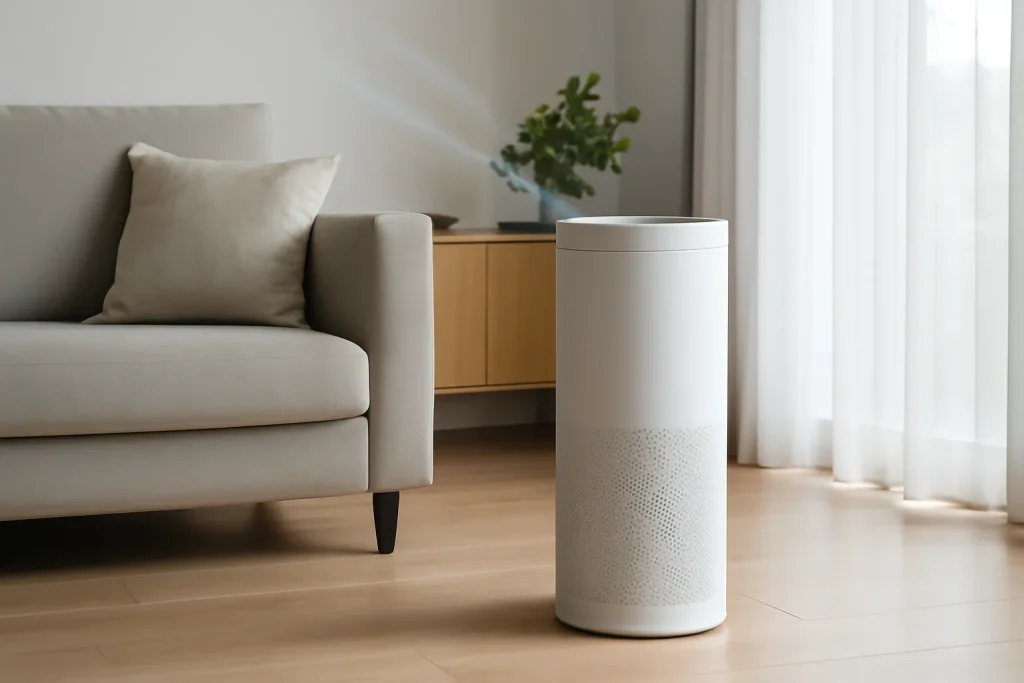 White HEPA air purifier running in a modern living room