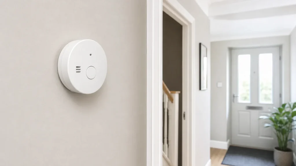Carbon monoxide detector fitted on a hallway wall in a UK home