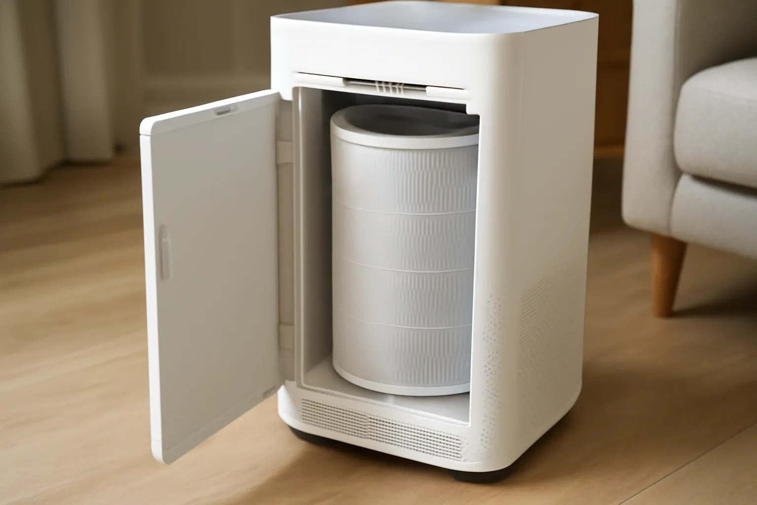 Open HEPA air purifier showing the filter inside