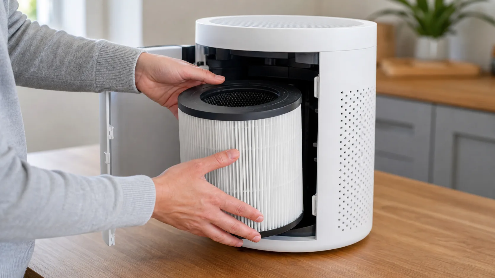 HEPA filter being replaced in a compact air purifier