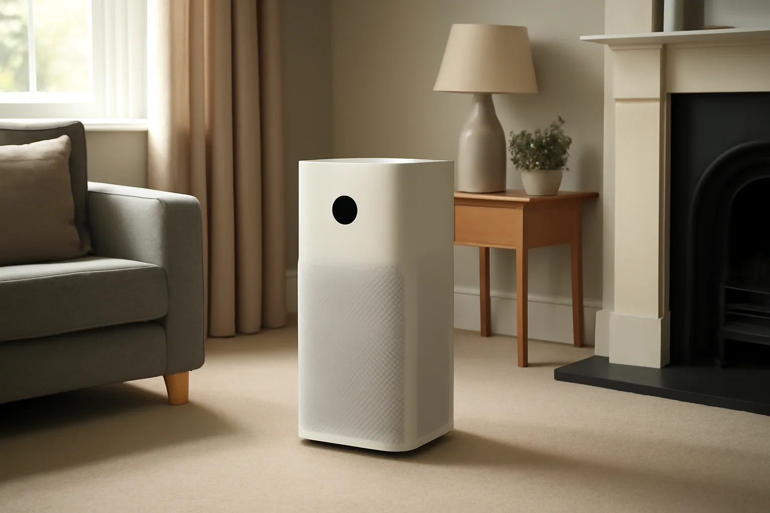 HEPA air purifier placed in a living room with space around it