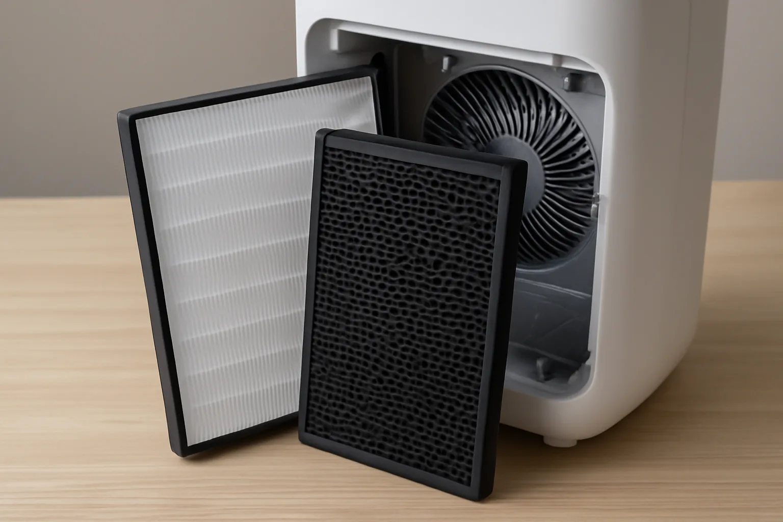 HEPA and activated carbon filter layers inside an air purifier