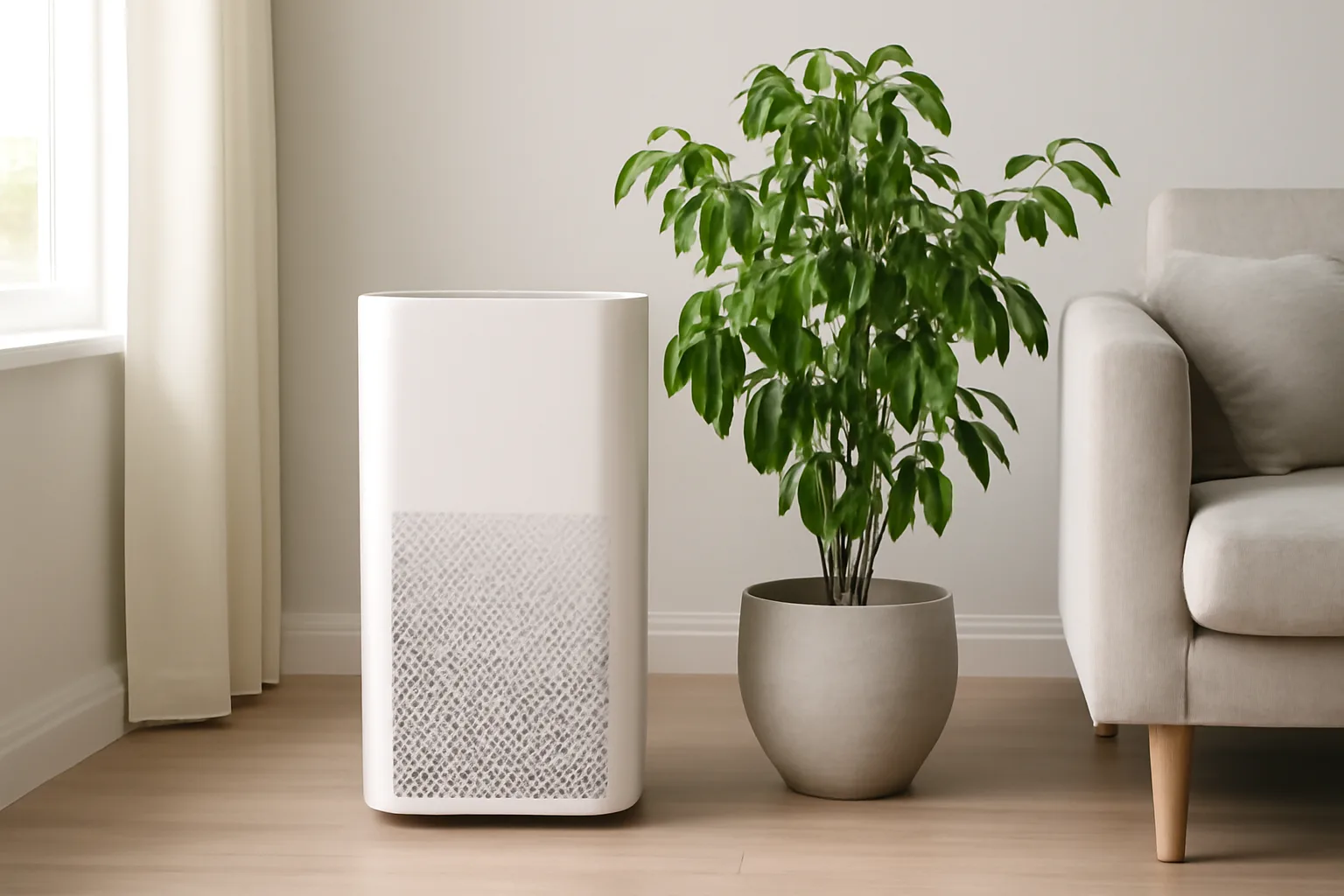 Houseplant beside air purifier showing cleaner air options for UK homes
