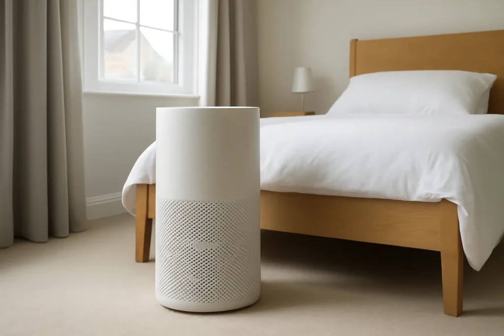 White HEPA air purifier in a bedroom for safer air cleaning