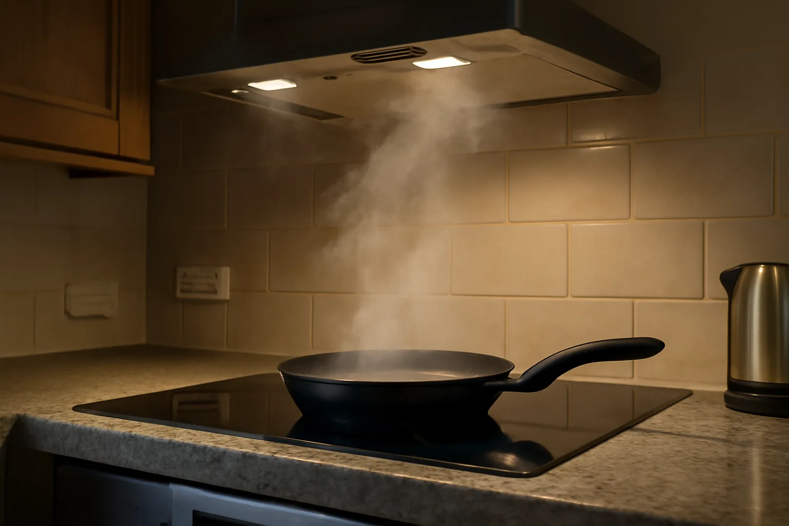 Frying pan under extractor during PM2.5 cooking test