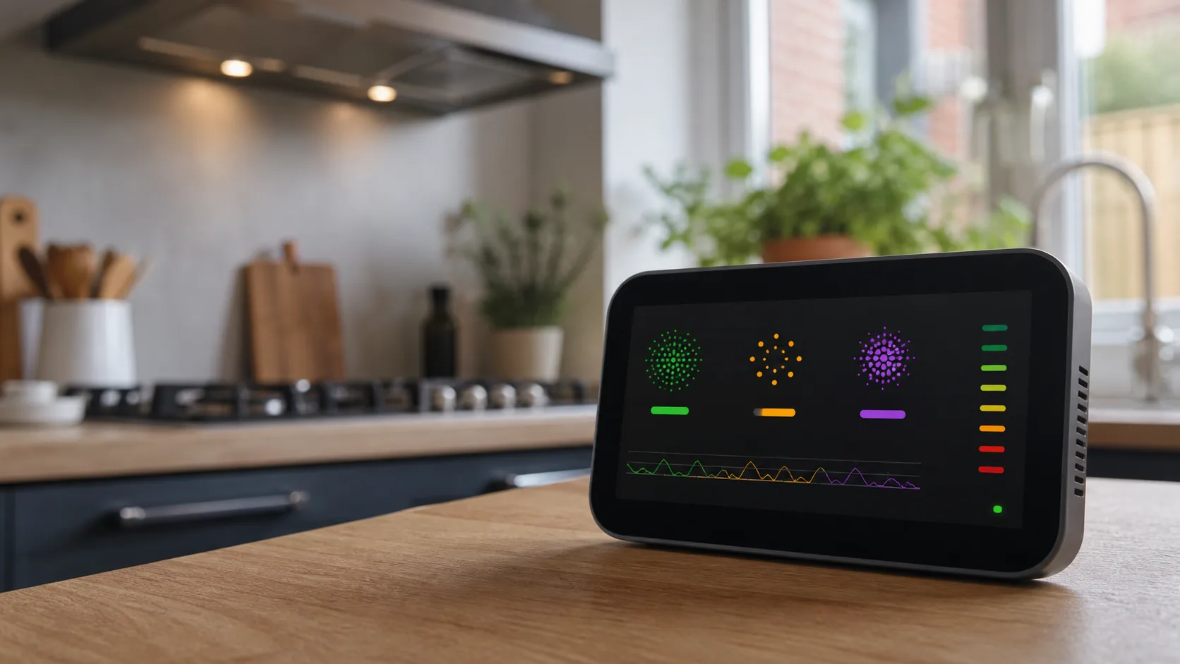 Air quality monitor showing particle and VOC readings