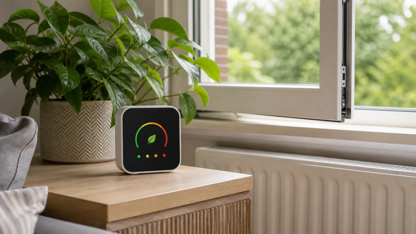 Air quality monitor beside an open window and houseplant