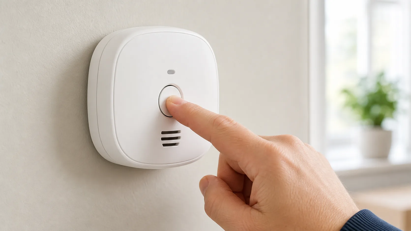 Hand pressing the test button on a carbon monoxide detector