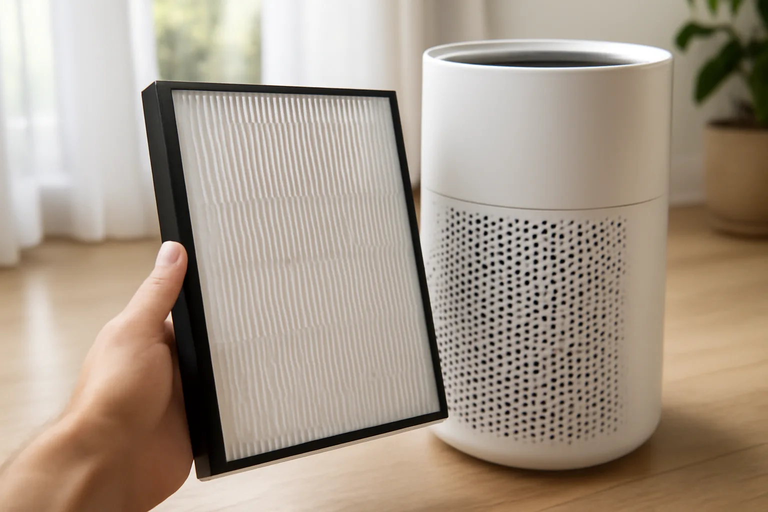 HEPA filter detail beside a home air purifier