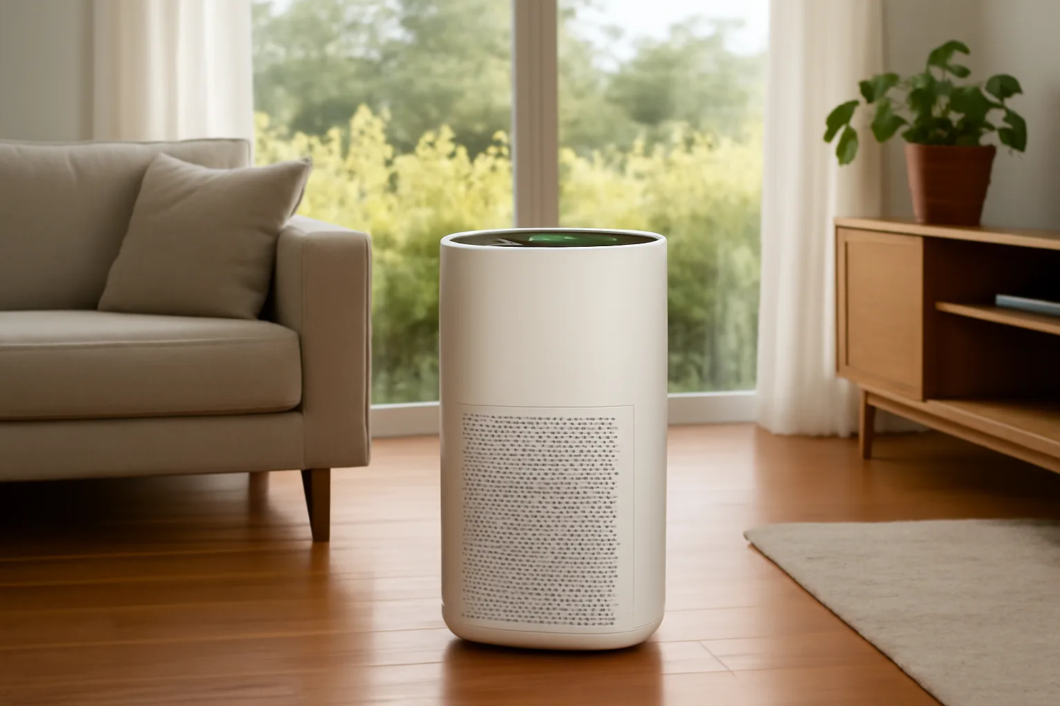 Air purifier placed in a living room with clear airflow