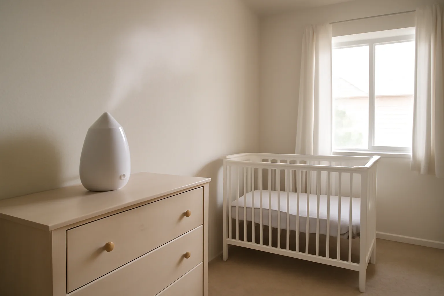 Humidifier safely placed on a dresser away from a baby cot