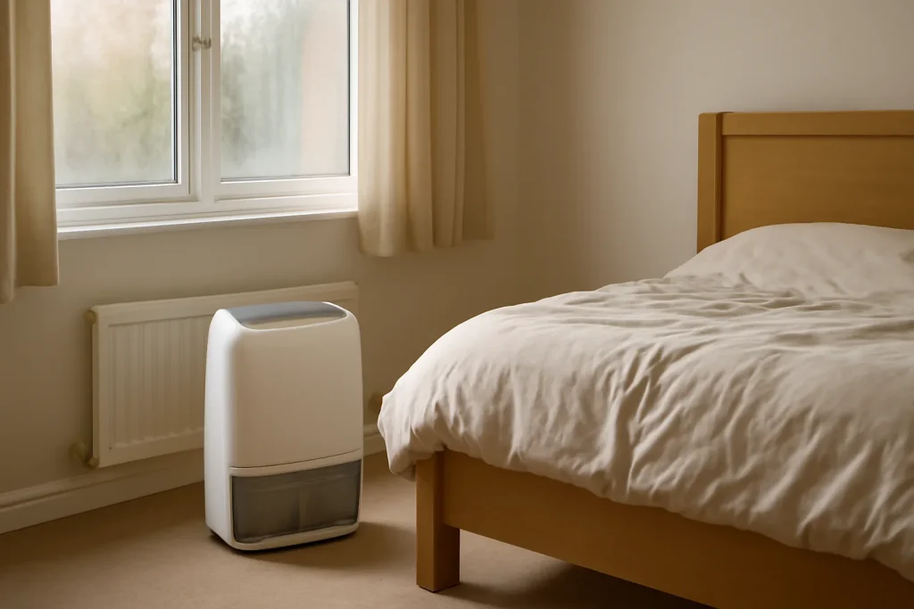 Domestic dehumidifier running in a UK bedroom