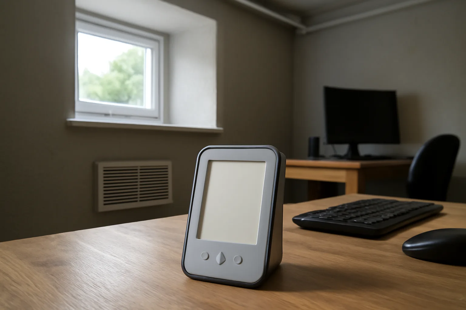 Digital radon monitor in a basement home office