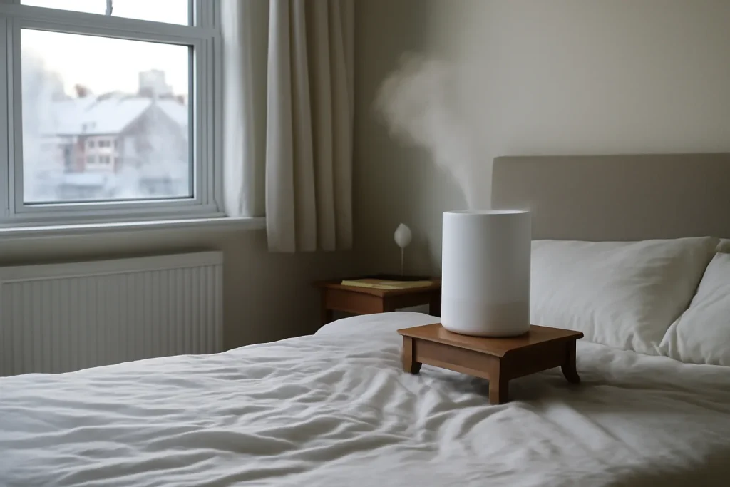 Visible humidifier in a winter bedroom for dry skin