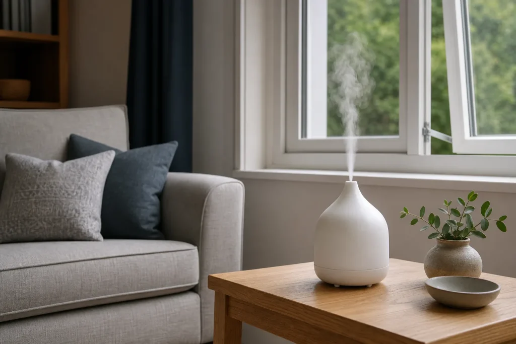 Essential oil diffuser releasing mist in a ventilated living room