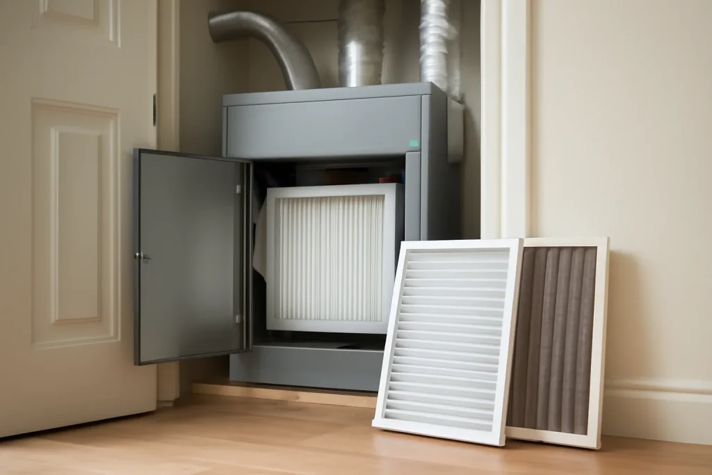 Home ventilation filter check showing clean and dirty filters