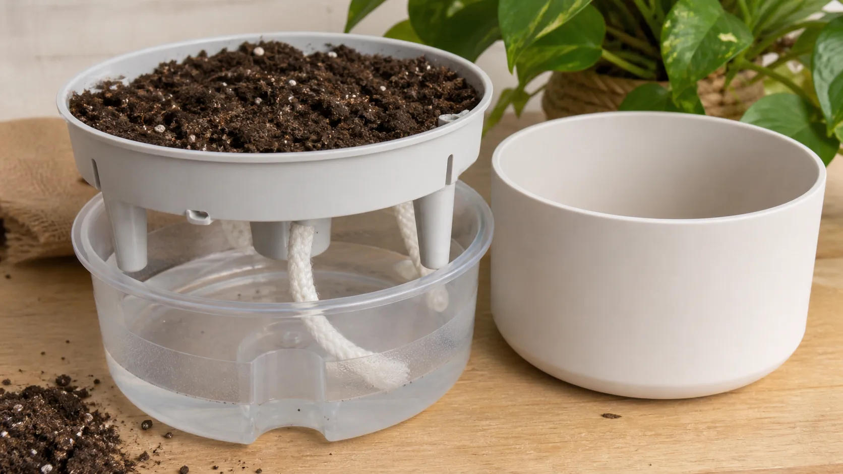 Houseplant watering insert and reservoir detail