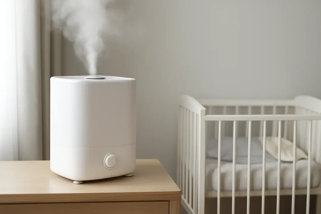 Cool mist humidifier in a nursery for a baby safety guide