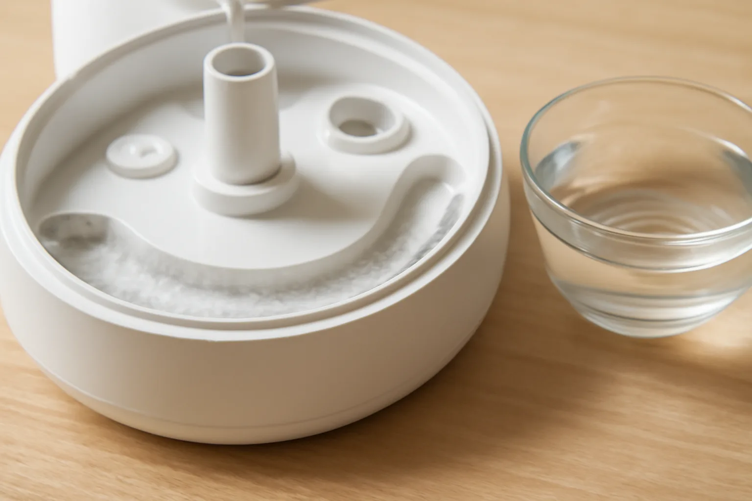 White limescale build-up inside a humidifier base