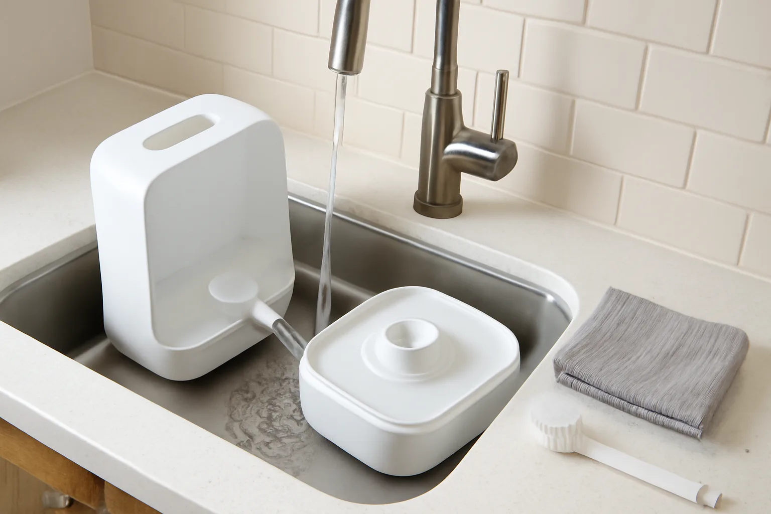 Humidifier water tank being cleaned at a kitchen sink