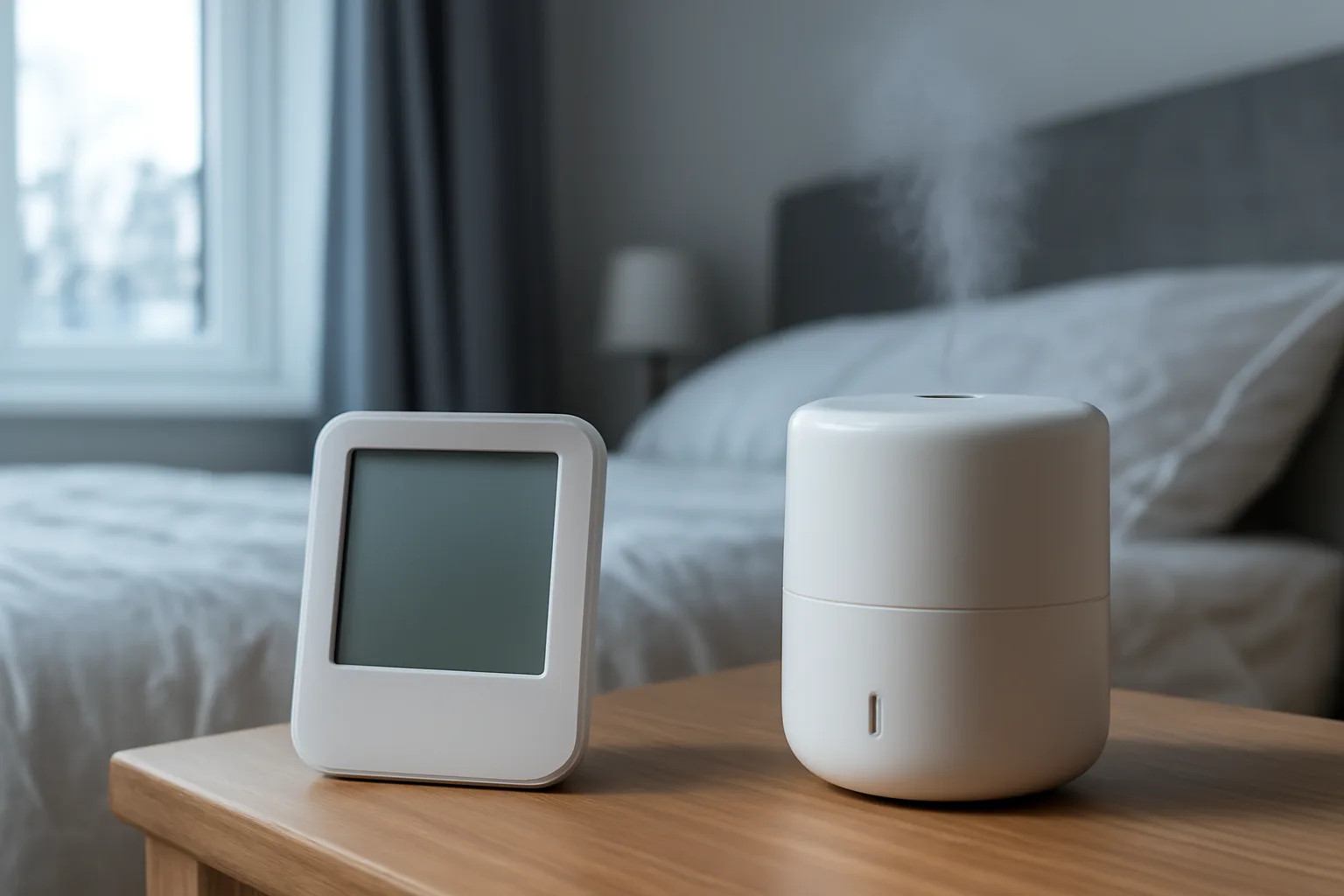 Hygrometer beside a humidifier in a winter bedroom