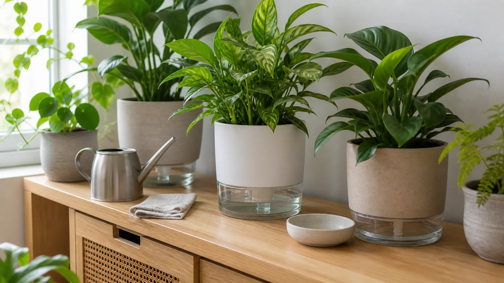 Indoor plant pots arranged on a shelf for watering checks