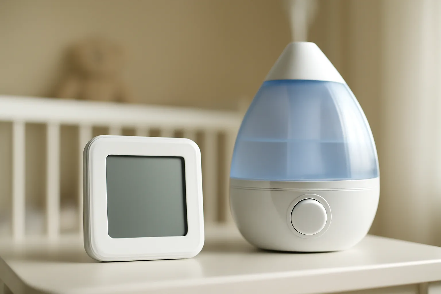 Hygrometer beside a nursery humidifier for checking humidity