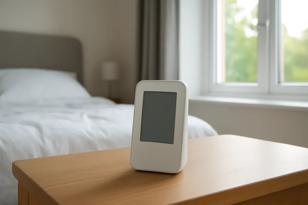 Digital radon detector in a UK bedroom for home testing