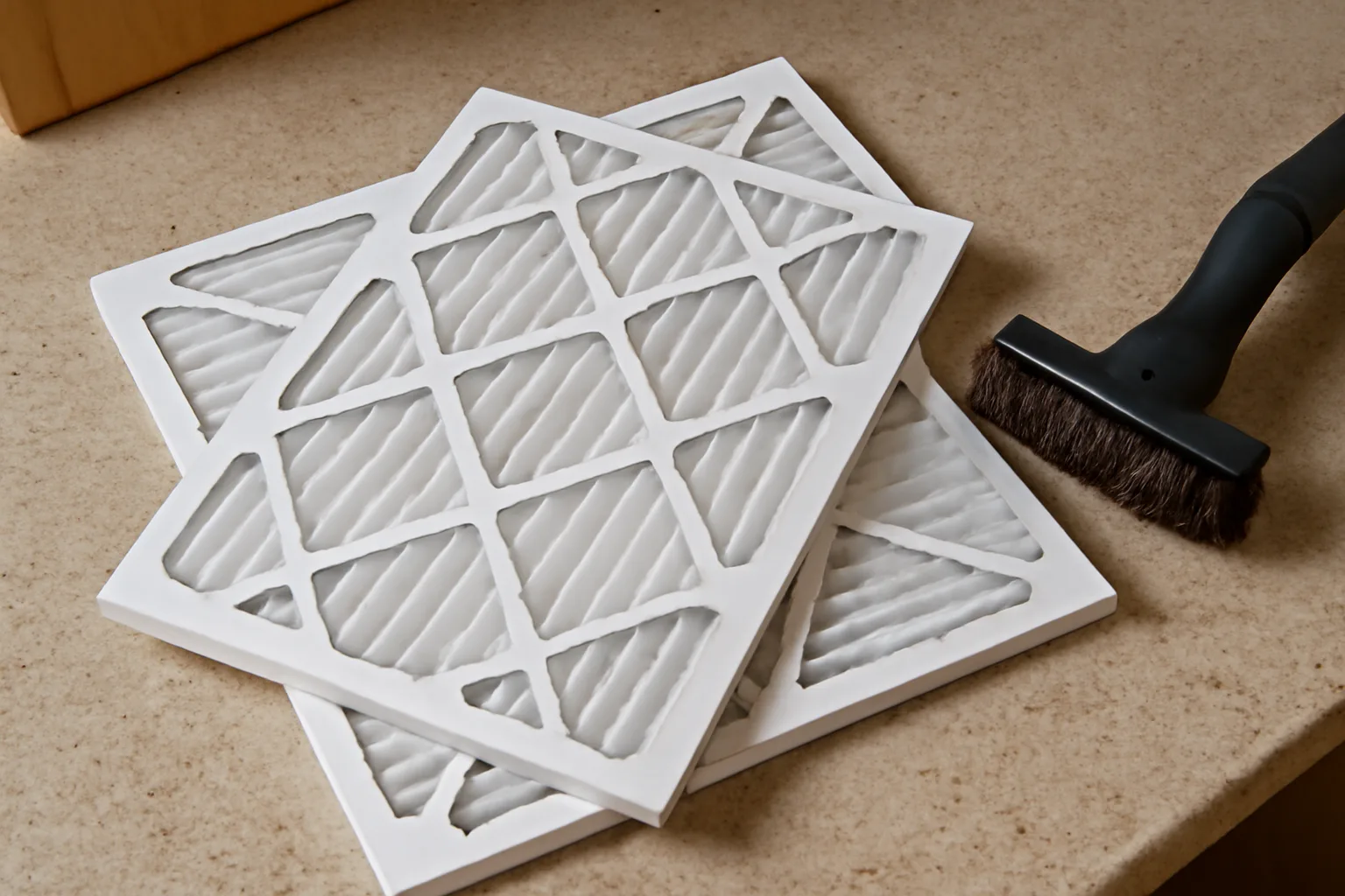 Clean replacement home ventilation filters with a brush