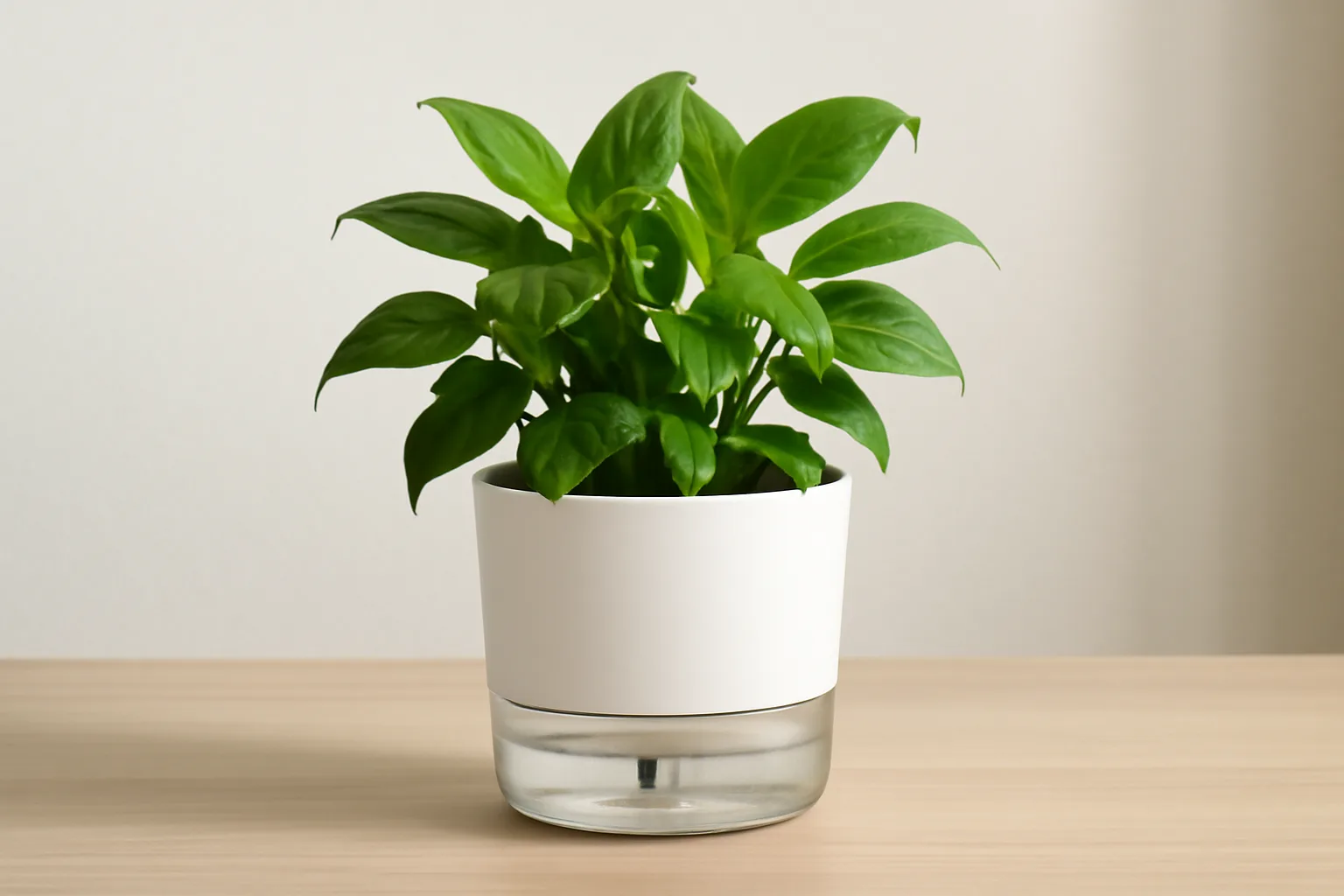 Self-watering houseplant pot with visible water reservoir